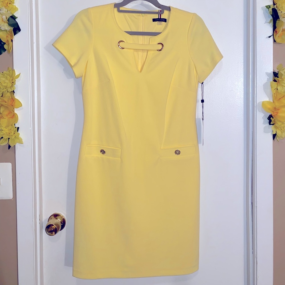 NWT: Tommy Hilfiger Soft Yellow Scuba Crepe Grommet Top Pocket Dress Size 8P